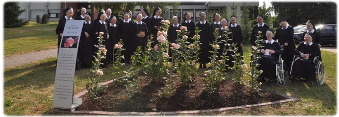 Marienschwestern vor dem Beet mit der Rose "Marienhöhe"