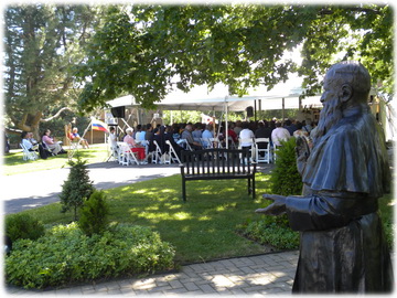 Statue of Fr Kentenich overlooking the tent where the talks took place at the International Shrine in Waukesha