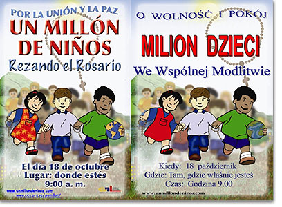 Eine Million Kinder betet den Rosenkrany: Plakate in Polnisch und Spanisch