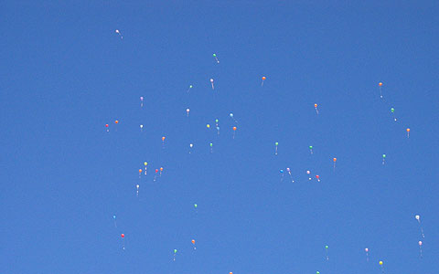Bunte Luftballons im blauben Himmel… mit einer Botschaft vom Heiligtum in Heiligenstadt